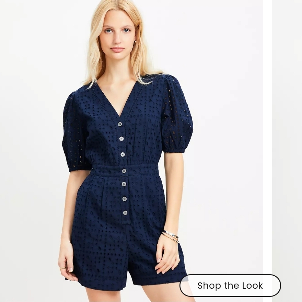 LOFT Blue Navy Eyelet Puff Sleeves Romper Button Down - Women's Size Zero NWT
